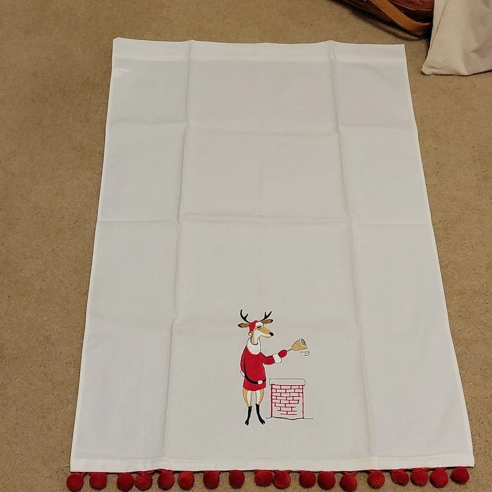 Reindeer on Chimney Hand Towel White with Red Ball Tassels